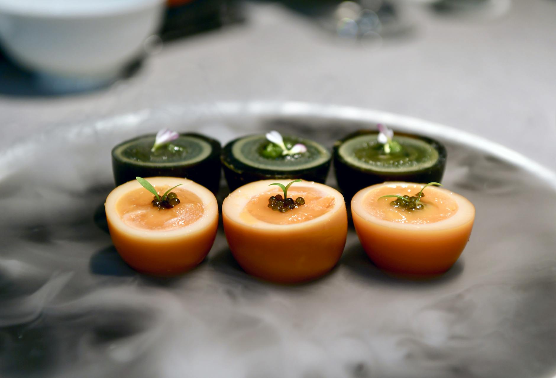 smoked soft boiled eggs with caviar